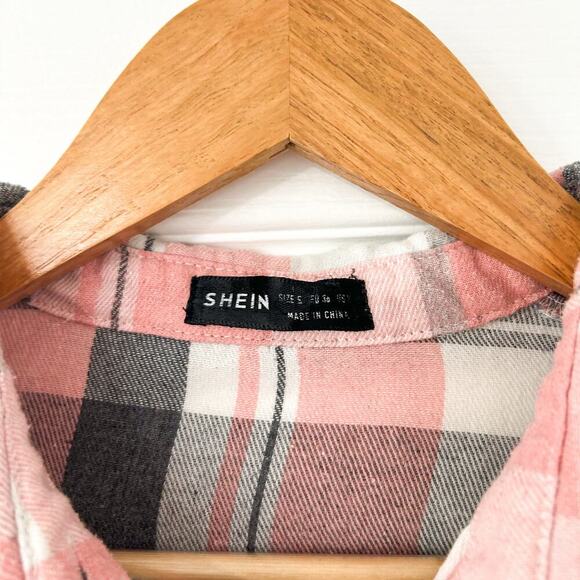 SHEIN Pink Gray Plaid Button Down Long Sleeve Flannel Shirt Size S EUC - Picture 4 of 6